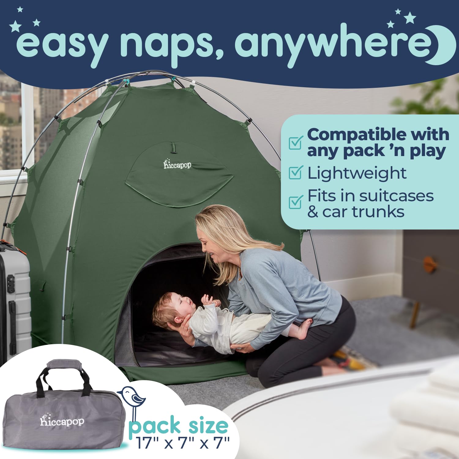 hiccapop Daydreamer travel-crib-cover-compact folds neatly for trips and storage.