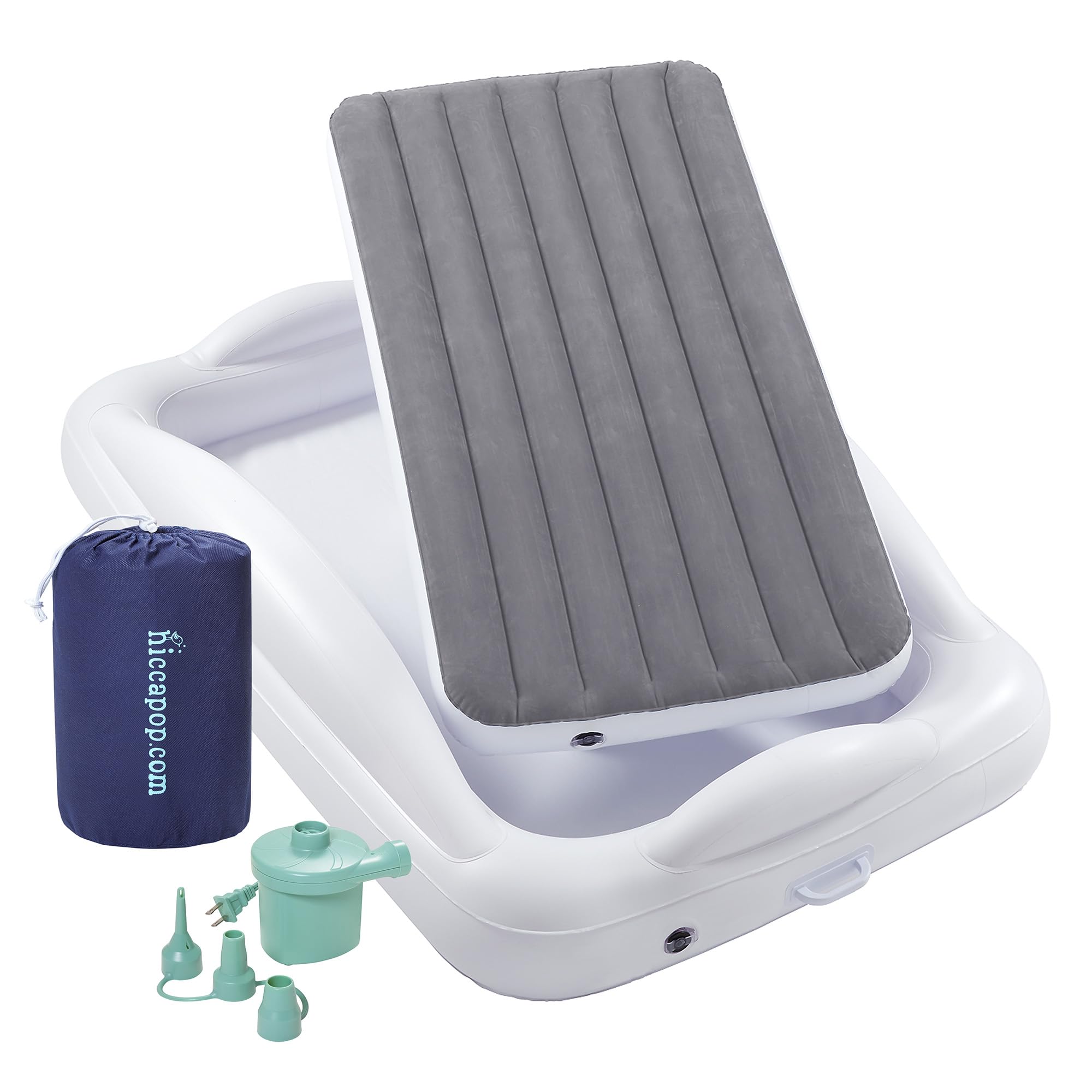 hiccapop inflatable toddler bed with four sided bumpers for safe travel sleep.