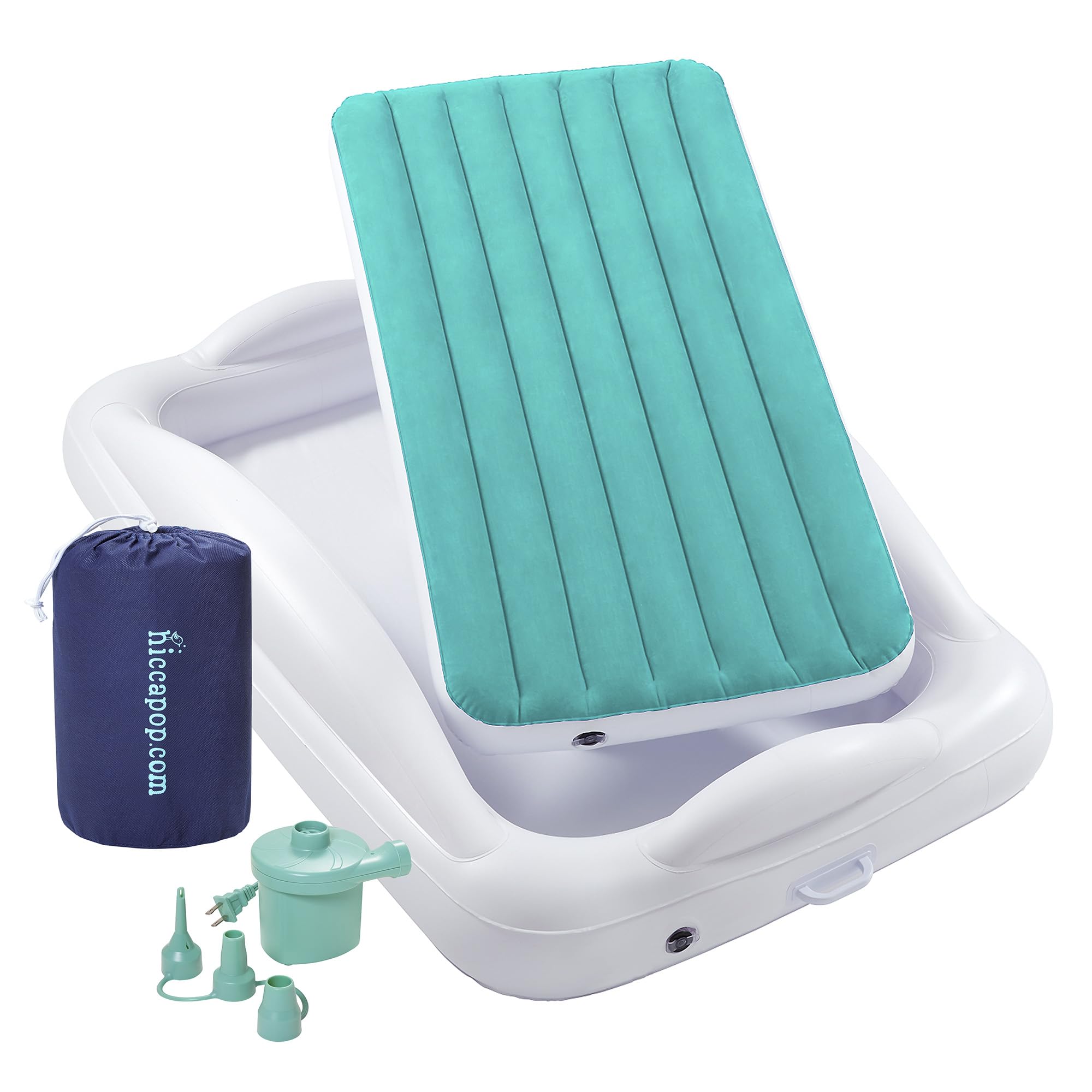 hiccapop inflatable toddler bed in teal blue in-use for secure travel sleep