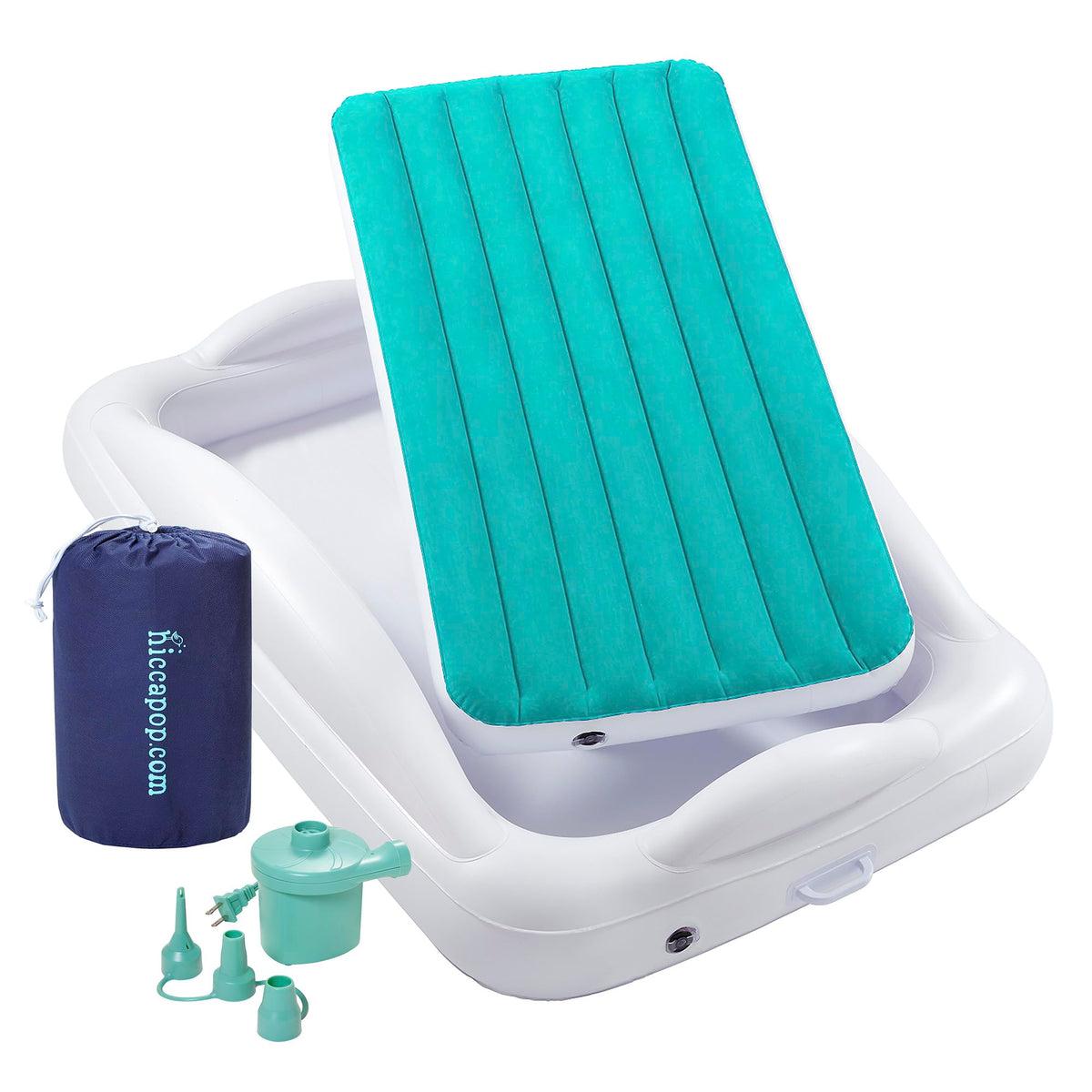 hiccapop inflatable toddler bed in teal blue in-use for secure travel sleep