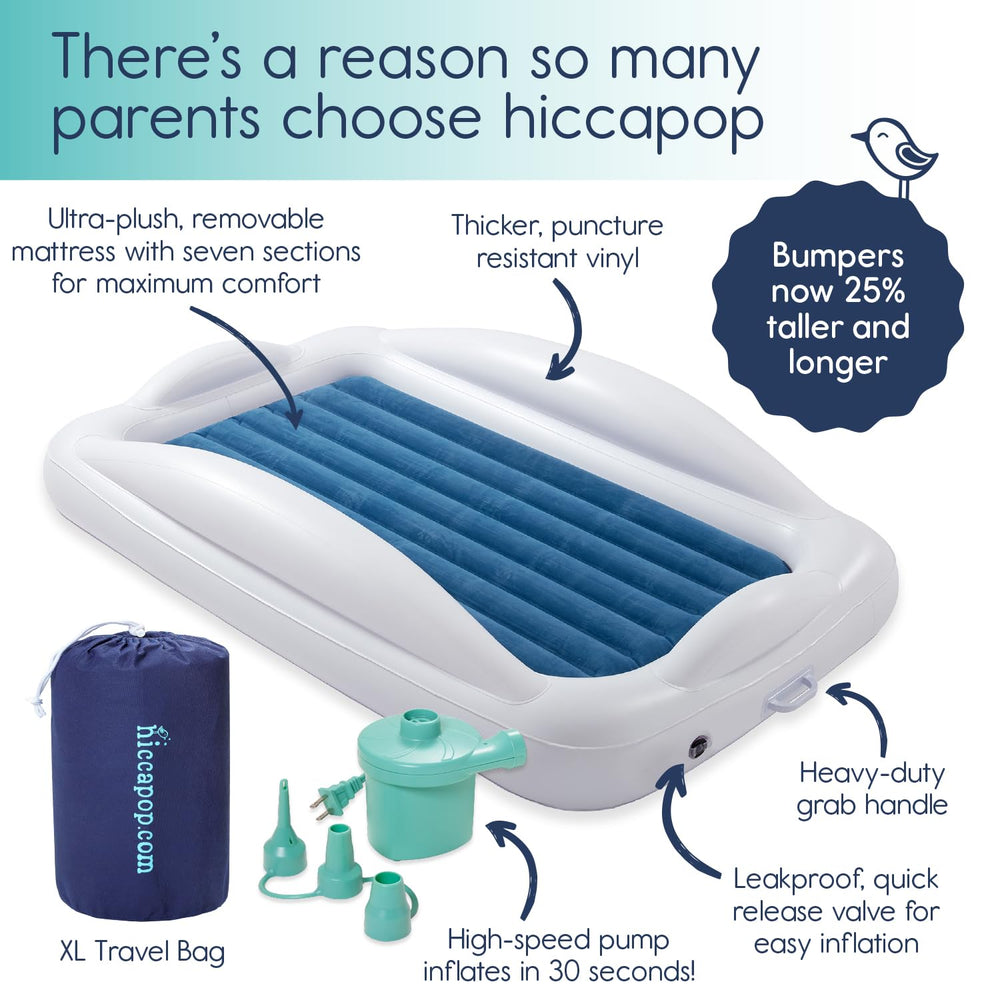 hiccapop navy-blue travel bed folded compactly into its bag