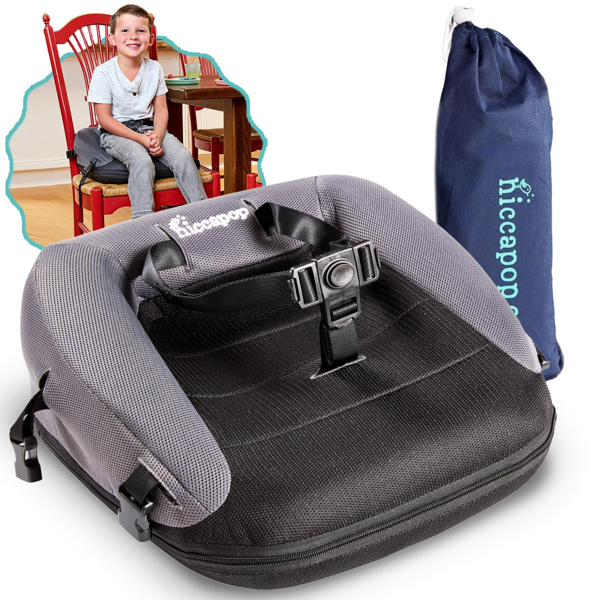 Hiccapop NeoBoost seat folded compact for simple travel storage and quick setup.