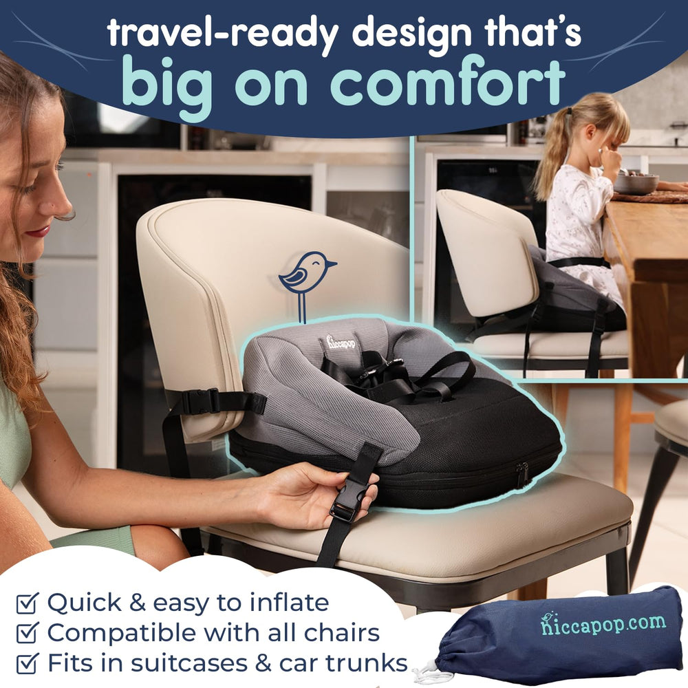 Hiccapop NeoBoost seat in travel bag ready for family outings and easy cleanup.