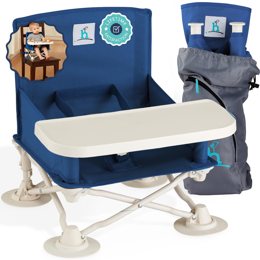 hiccapop OmniBoost folding-frame shows portable travel booster seated for on the go meals