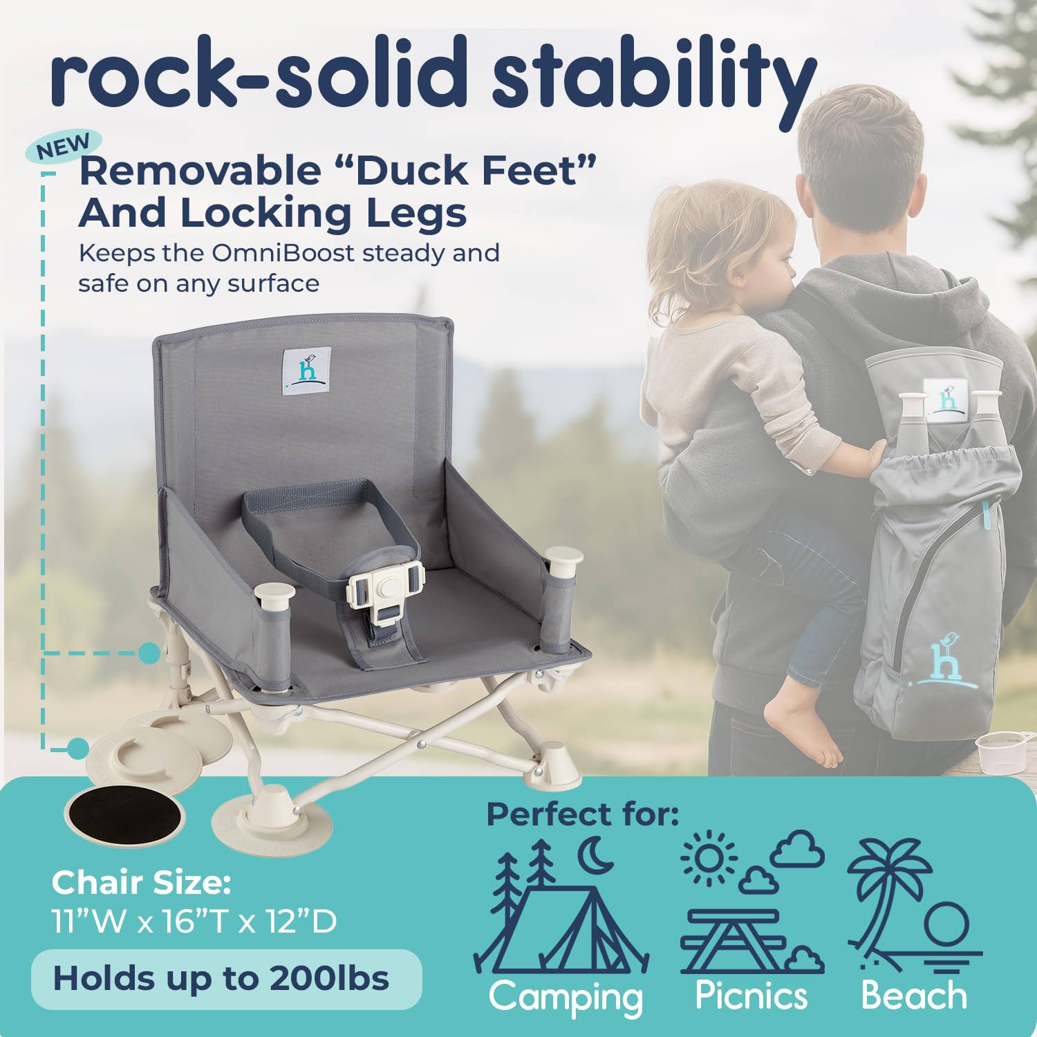 hiccapop OmniBoost rear pocket with bibs and spoons for mess-free meals.