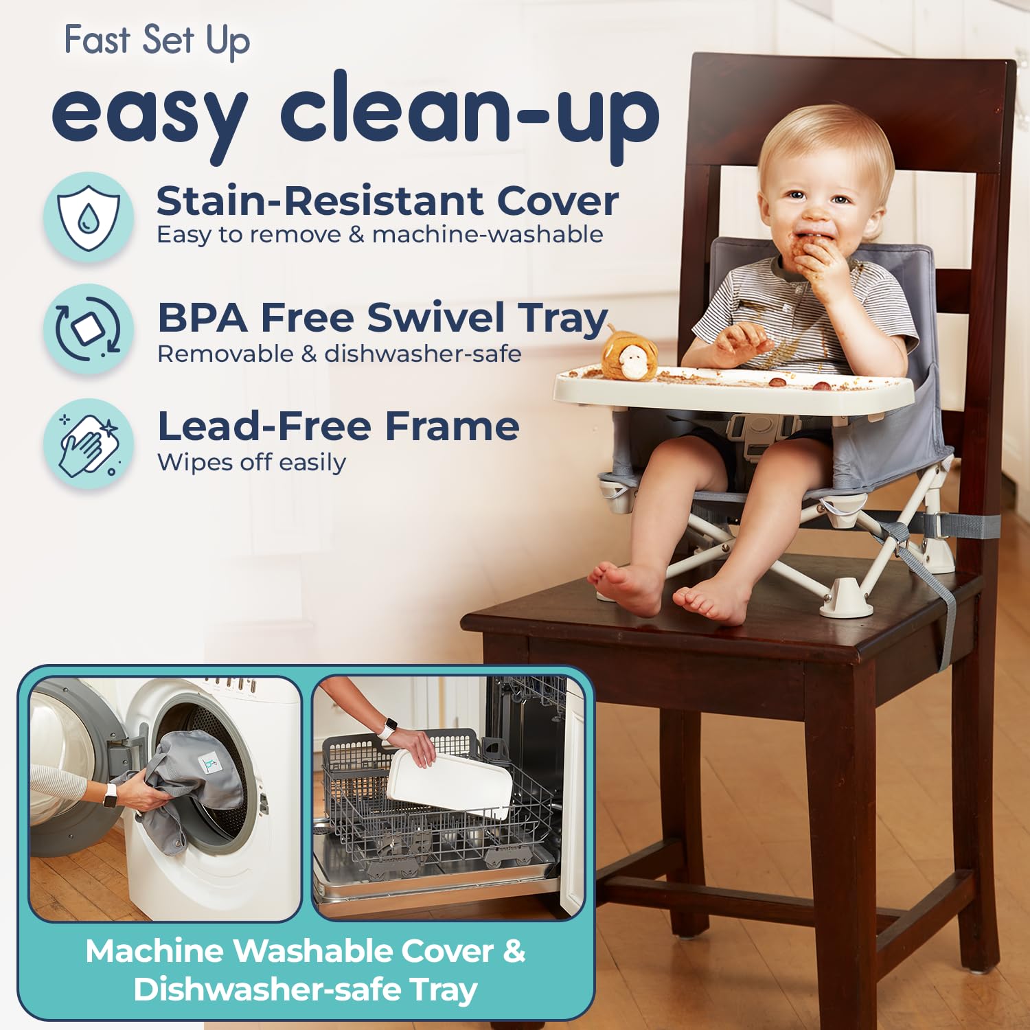 hiccapop OmniBoost swivel tray detachable for easy dishwasher cleaning.