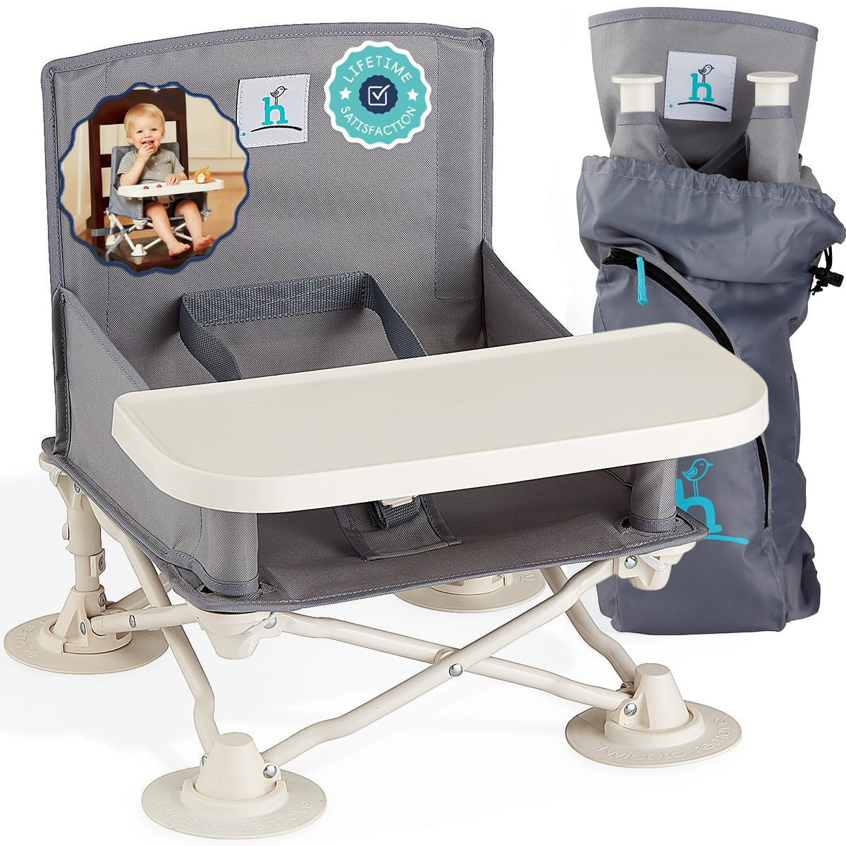 hiccapop OmniBoost travel booster seat folded for compact portability.