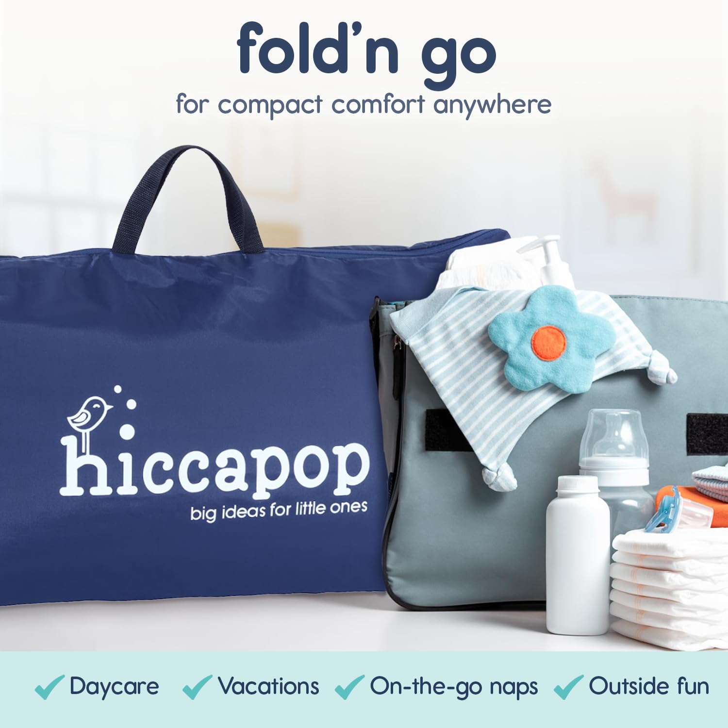hiccapop Pack and Play fits 38x26 inches with no gaps