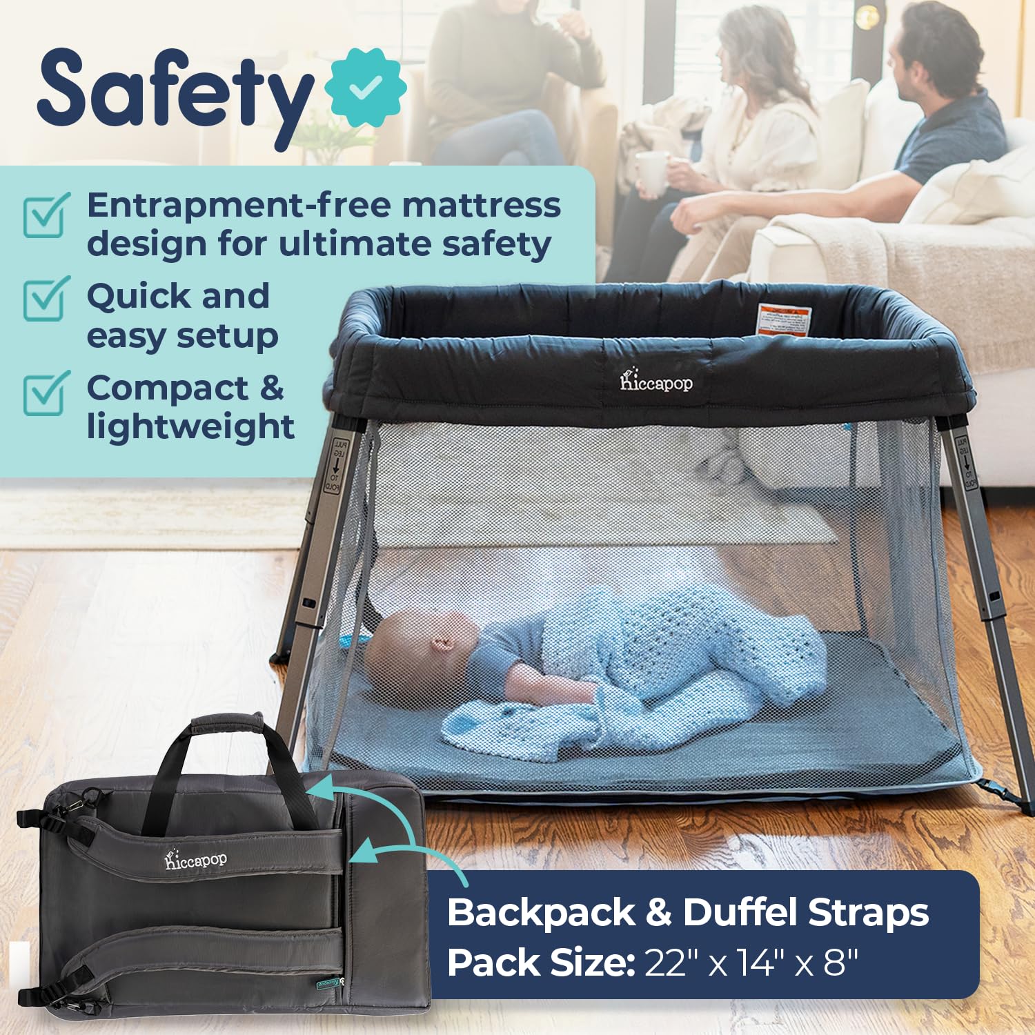 Hiccapop TravelPod folded in carry bag for easy packing and overhead cabin fit.