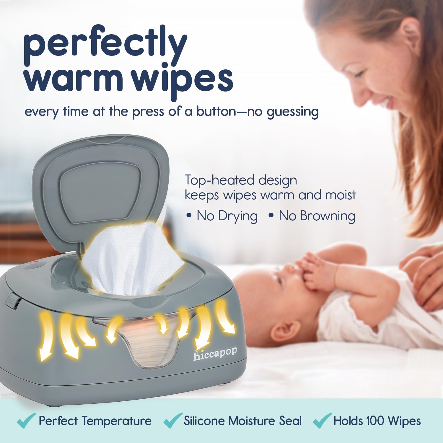 hiccapop wipe warmer top-heated design concentrates warmth for easier diaper changes