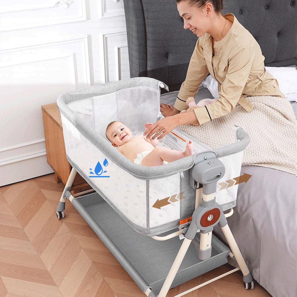 Hichangto baby bassinet grey front view showing bedside access for night feeds.