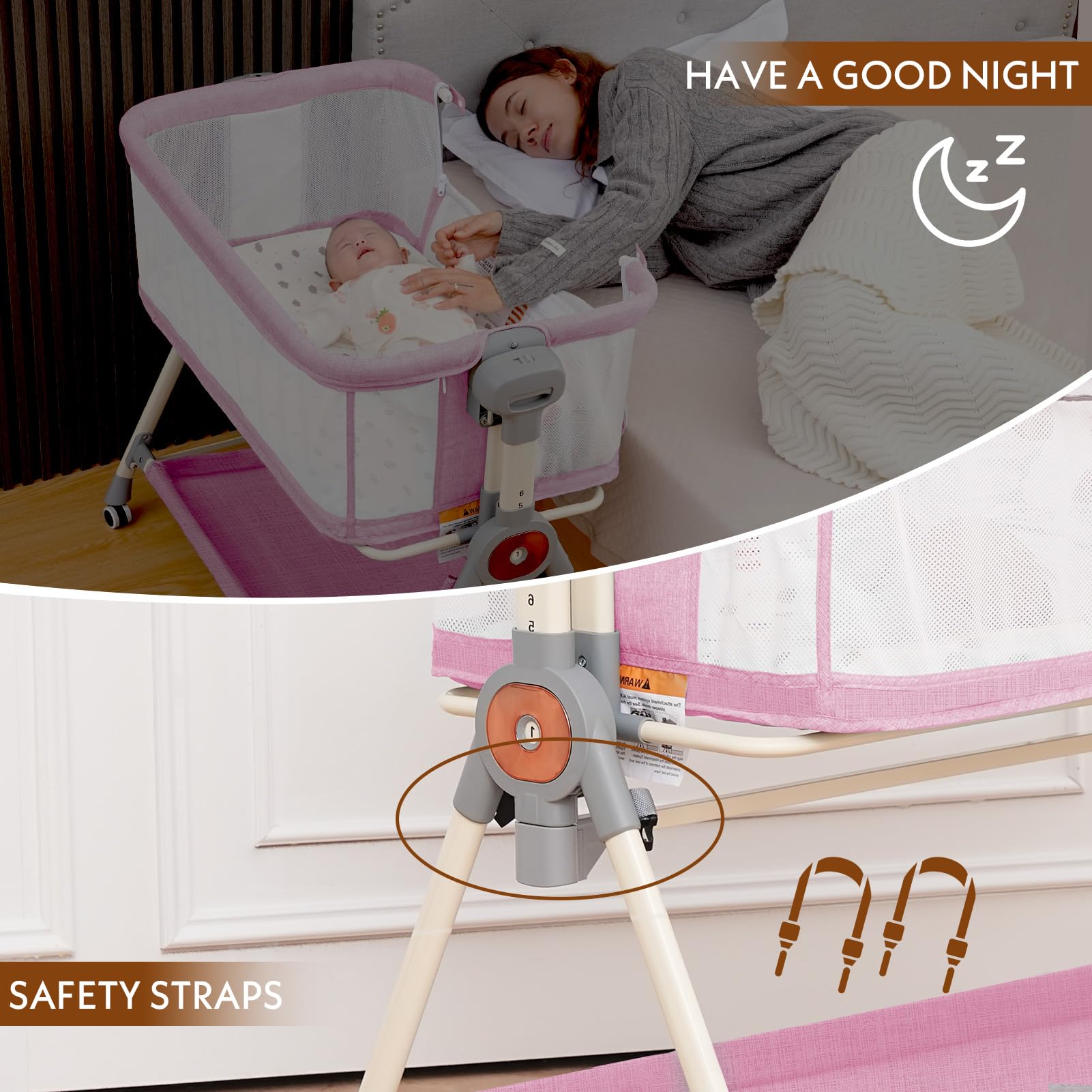 Hichangto Baby Bassinet storage-basket image illustrates convenient bedside organization.