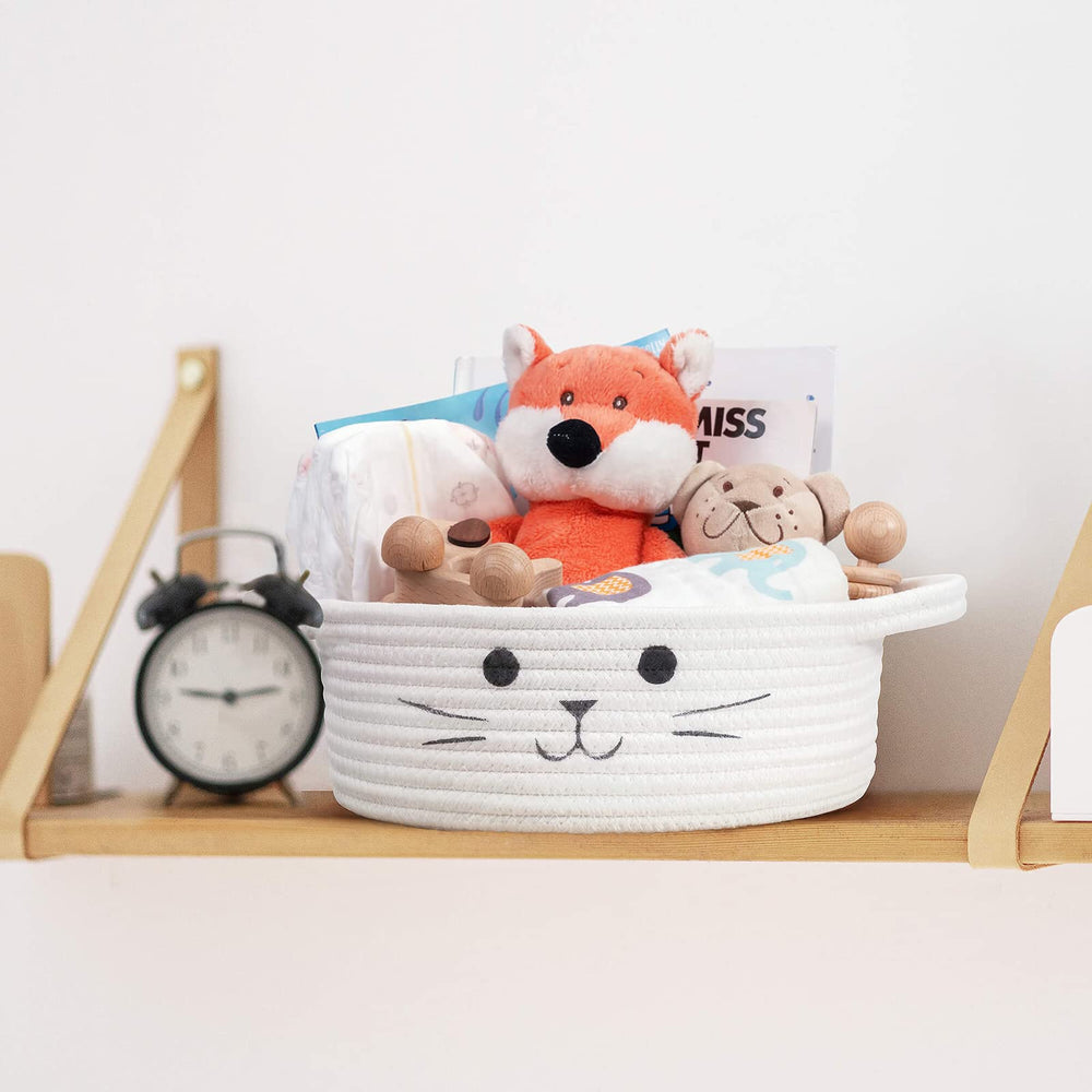 HiChen compact white woven basket folds flat for easy storage.