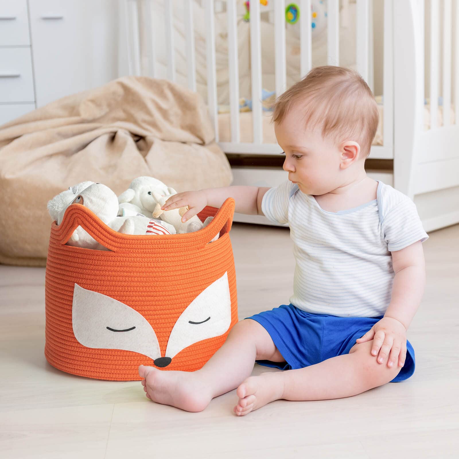 HiChen Fox Decor Basket in nursery enhances organization with a bright, kid-friendly focal point.