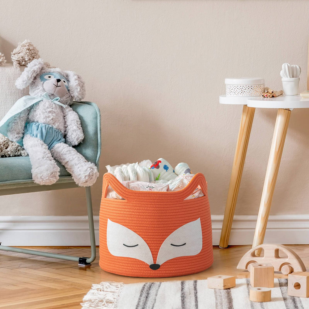 HiChen Fox Decor Basket 15.7L × 11.8H capacity stores towels and plush toys.