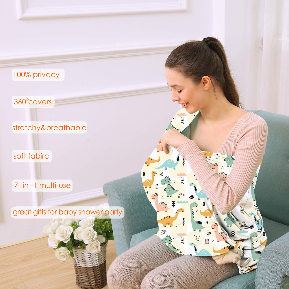 Hicoco carseat cover in use provides breastfeeding privacy with dinosaur design.