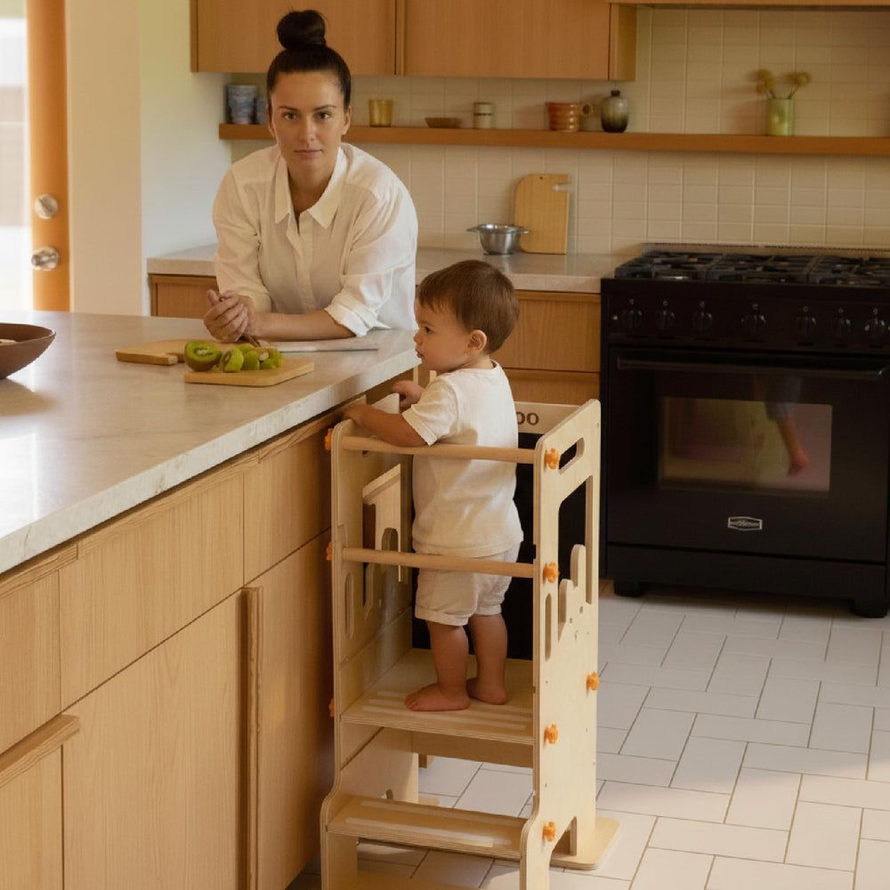HiCOOO Kids Kitchen Step Stool packaged ready with manual and greeting card.