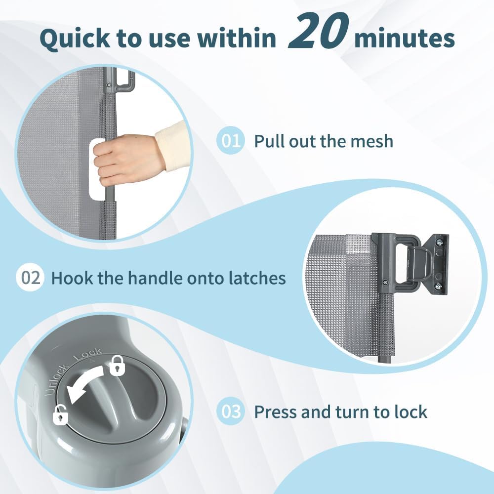 HIDODO retractable gate with safety lock, smooth operation for adults.