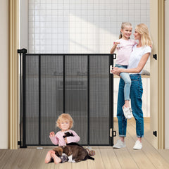 HIDOG 47-inch extra tall retractable gate fully assembled in doorway.