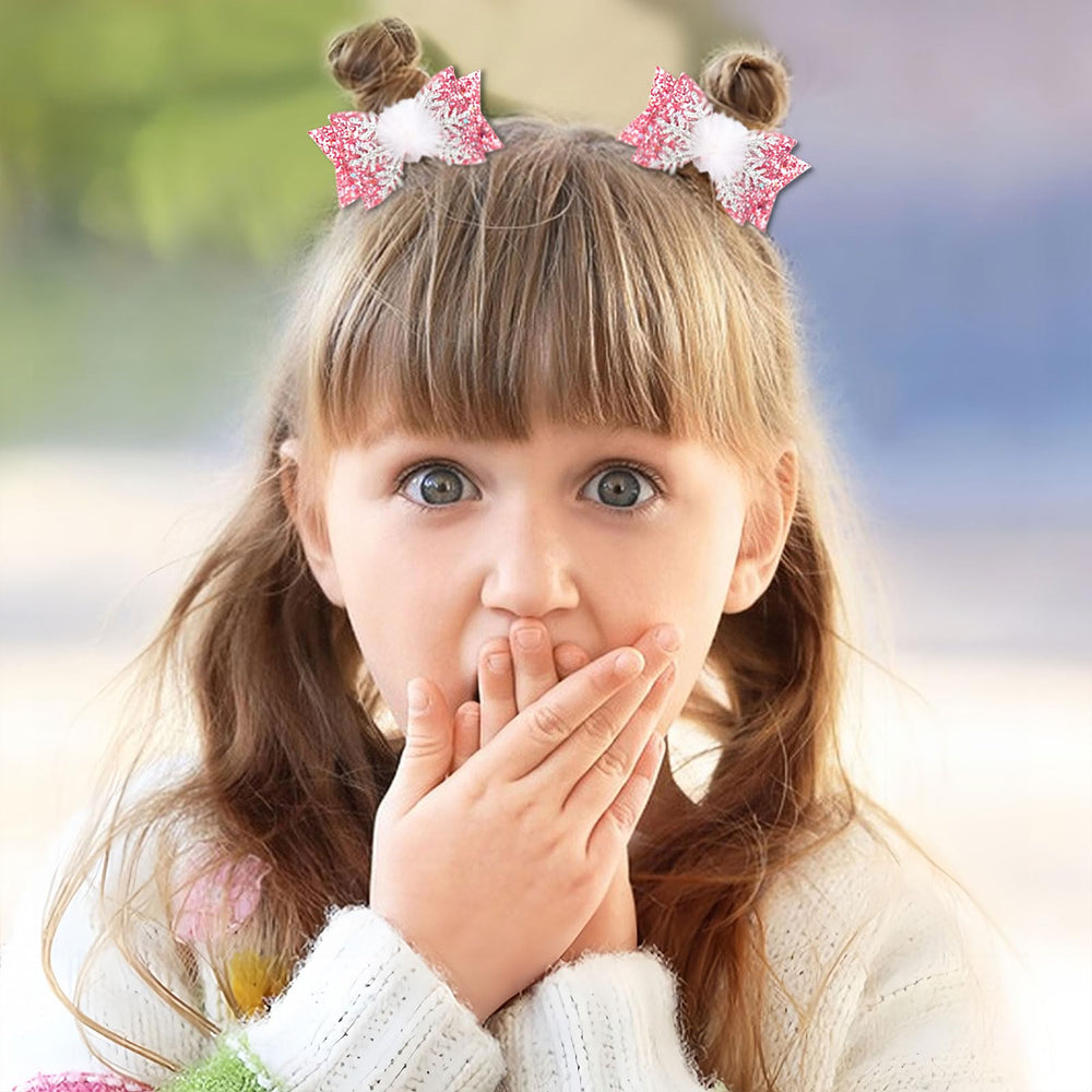 HIFANMM snowflake bow clip with pink glitter secures hair with non-slip grip