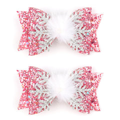 HIFANMM snowflake bow hair clip with pink glitter for festive winter styling