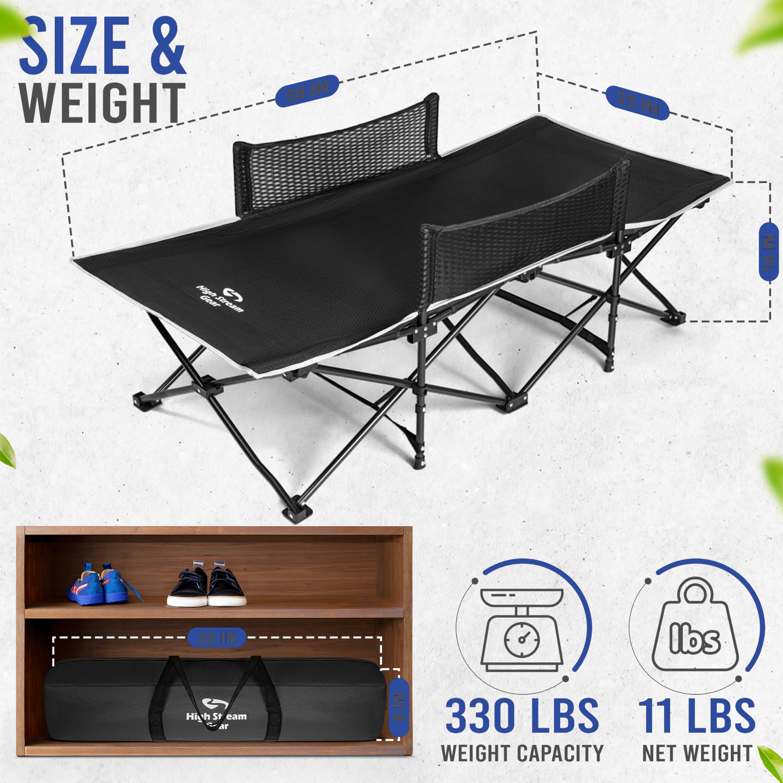 High Stream Gear cot with color sheets for customization and comfort.