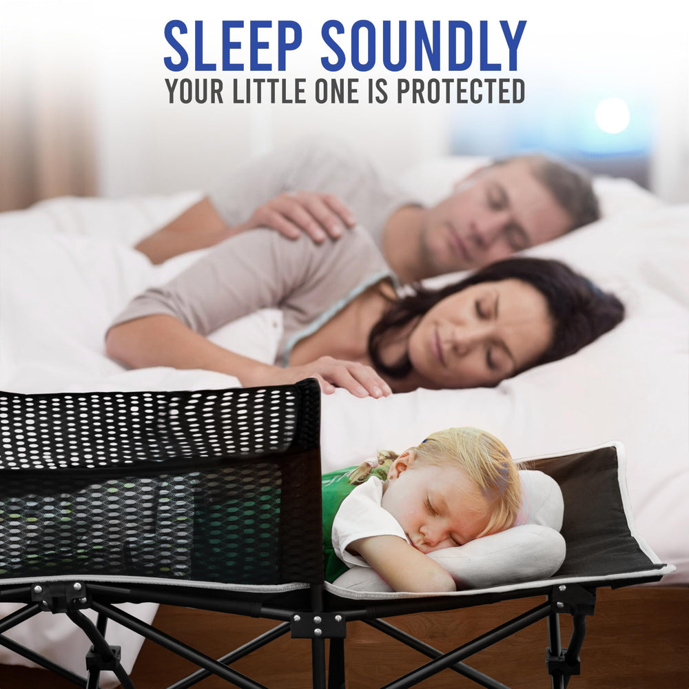 High Stream Gear cot with guard rail enhances toddler safety.