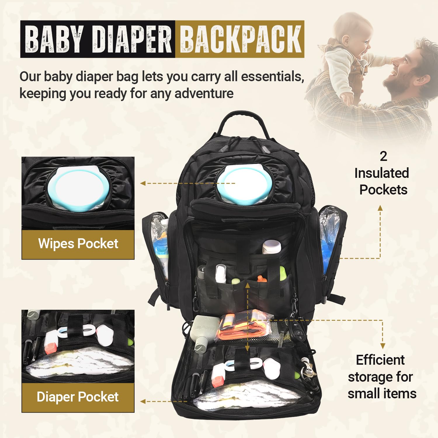HighSpeedDaddy diaper backpack with insulated bottle pockets keeps drinks at temperature while traveling