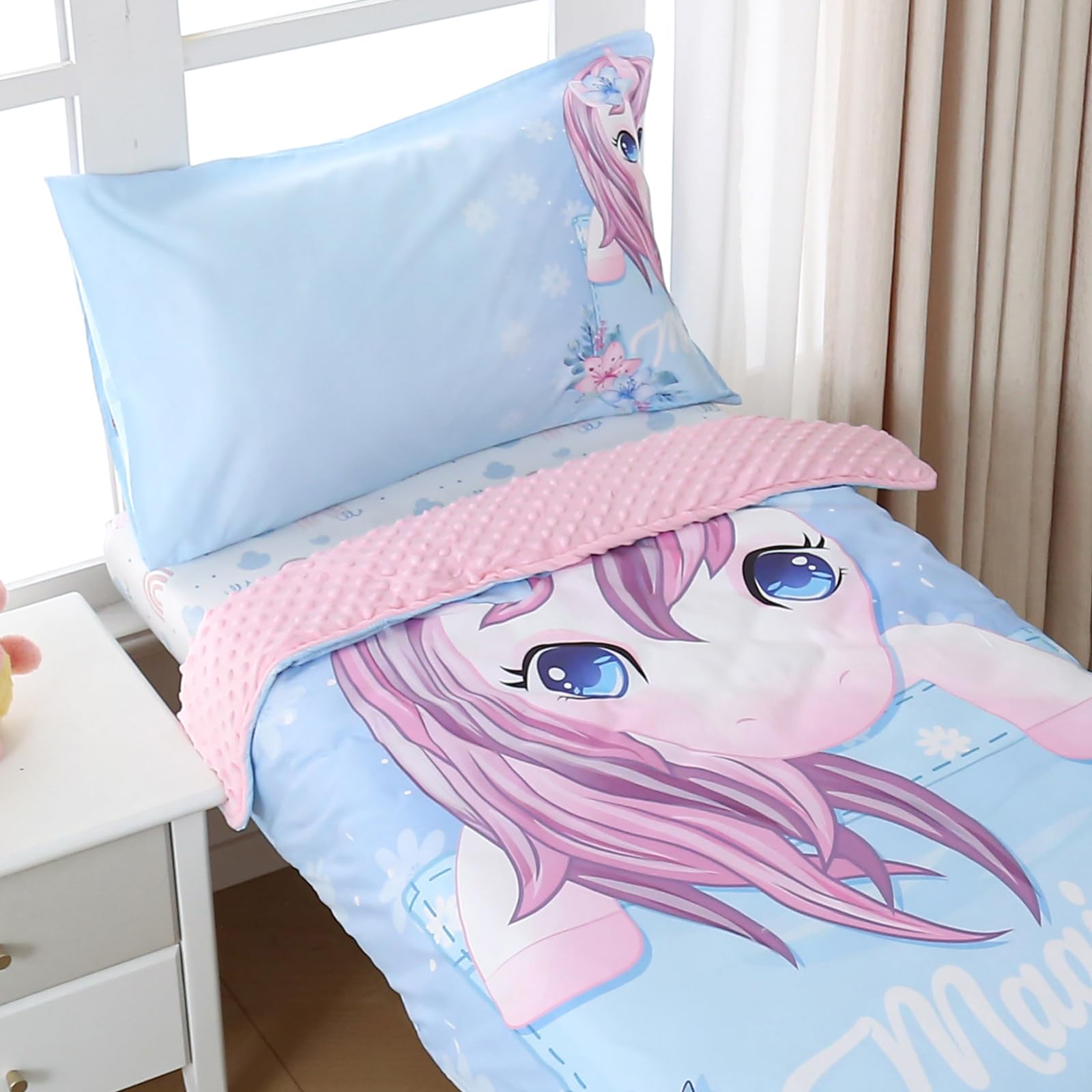Hilabab unicorn-themed fabric closeup shows soft, durable material ready for repeated washing