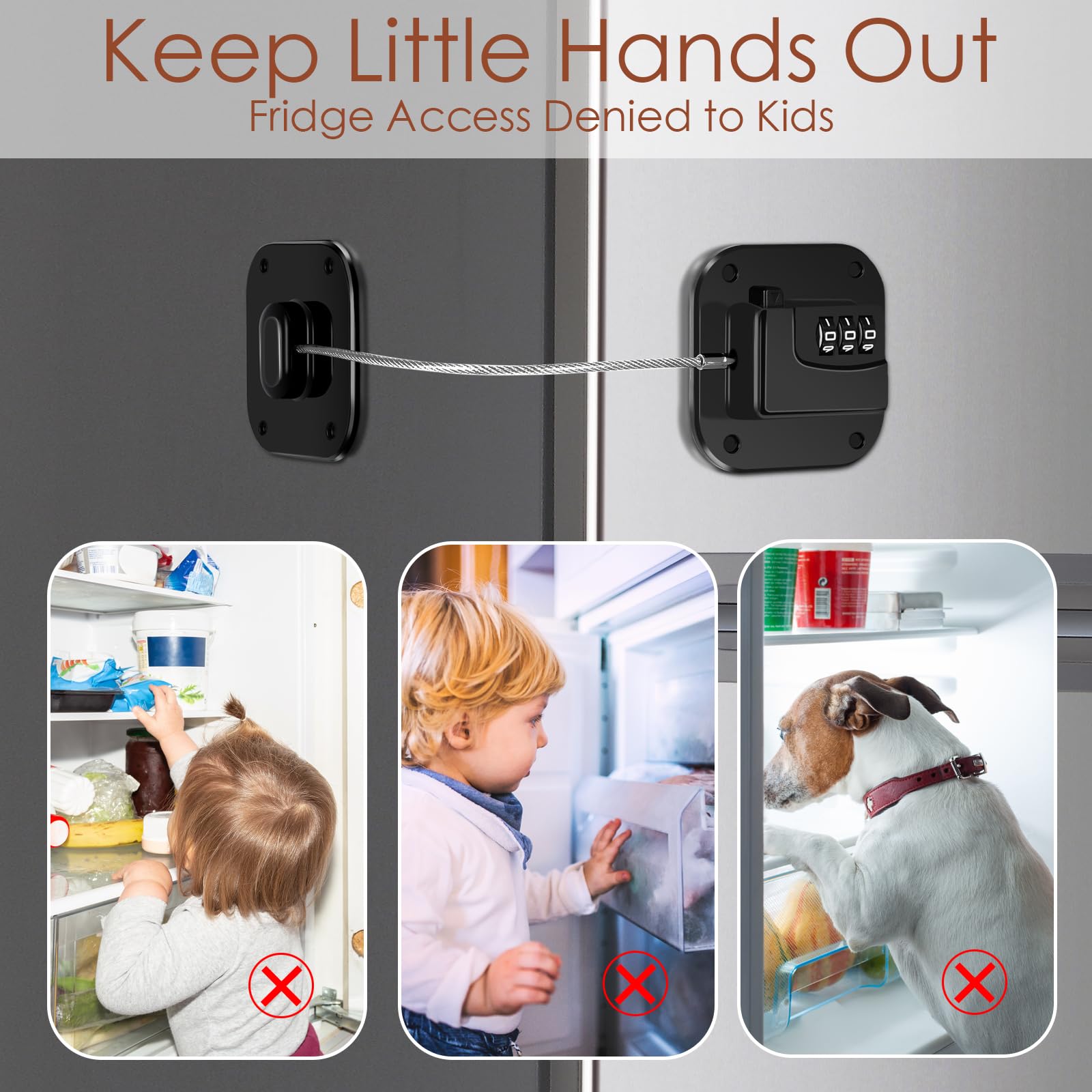Himake fridge lock mounted on cabinet door highlights versatile home safety.