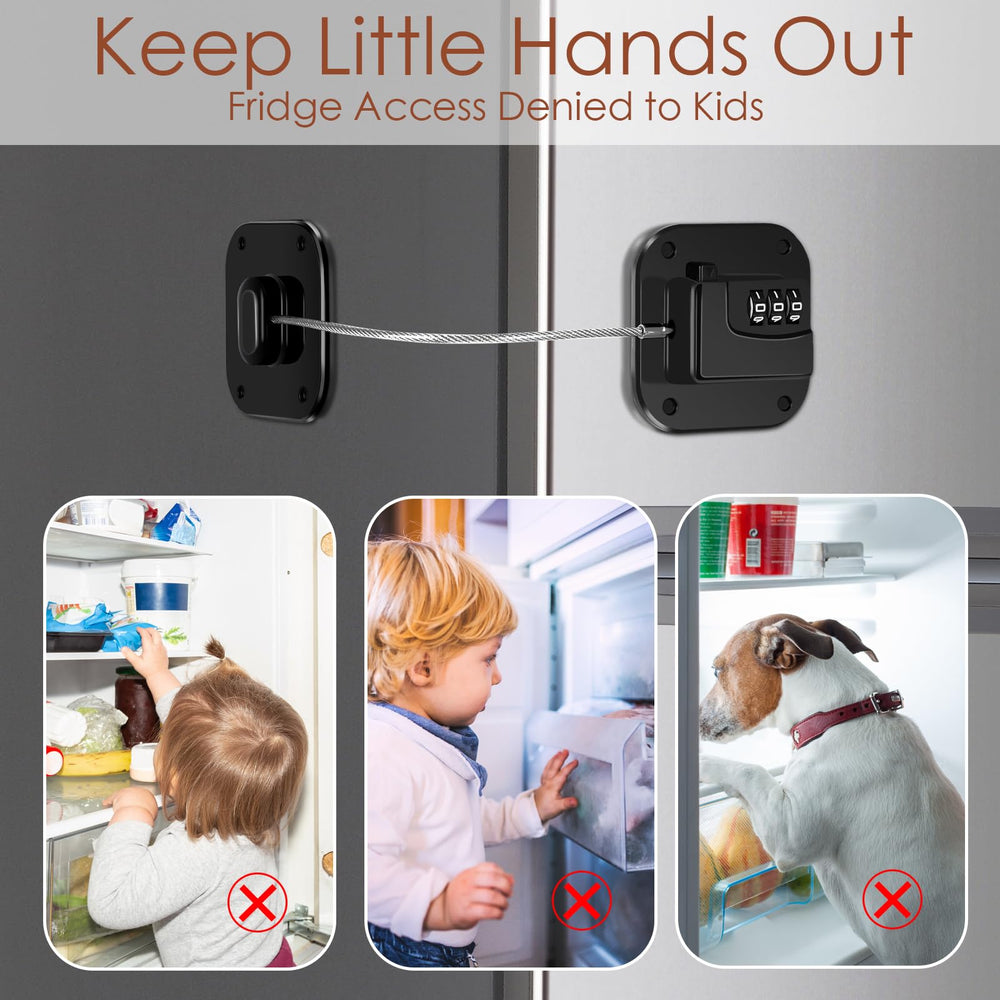 Himake fridge lock mounted on cabinet door highlights versatile home safety.
