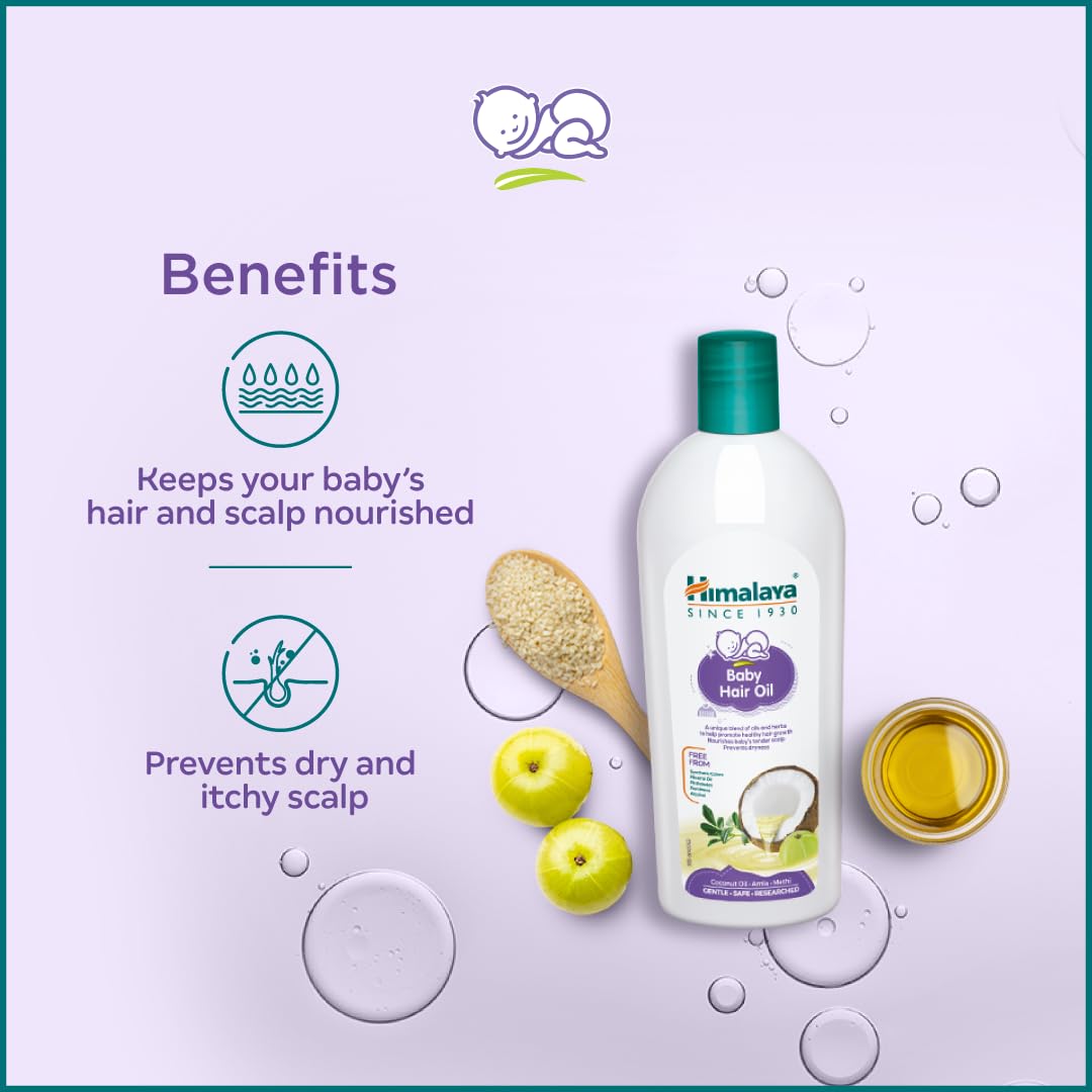 Himalaya Baby Hair Oil coconut-oil base nourishes delicate baby strands.