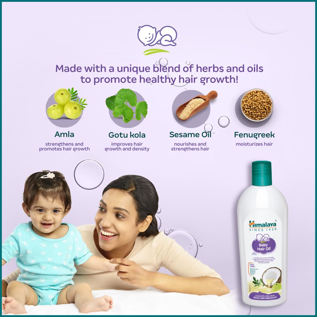 Himalaya Baby Hair Oil fenugreek supports scalp hydration and healthy-looking hair.