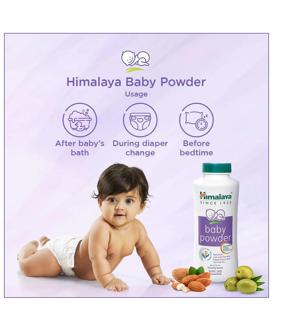 Application scene of Himalaya Baby Powder being softly dusted on dry skin