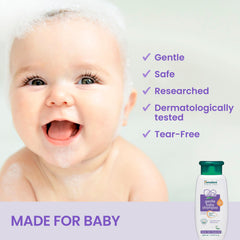 Himalaya Baby Shampoo lather close-up shows soft, shiny hair conditioning in action.