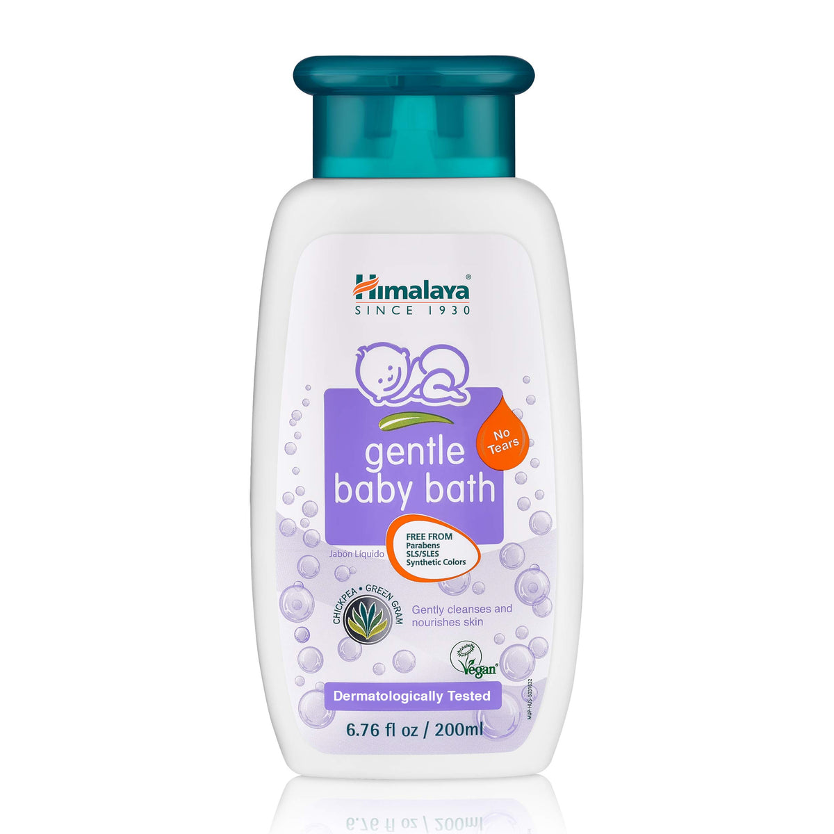 Himalaya Gentle Baby Bath bottle label emphasizes paraben-free formula for gentle cleansing.
