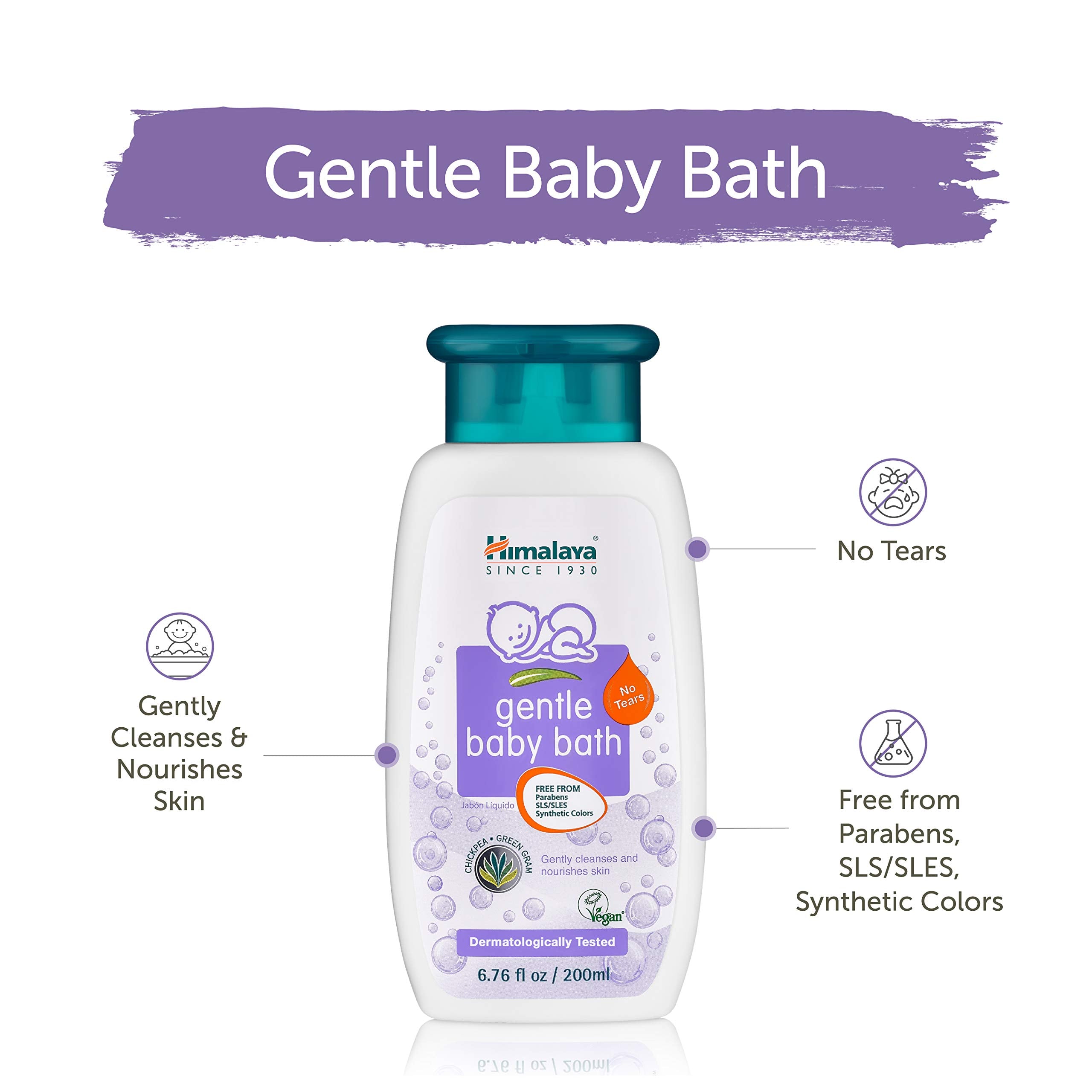 Himalaya Gentle Baby Bath free-from-parabens-sls-sles badge signals safer cleansing for sensitive skin.