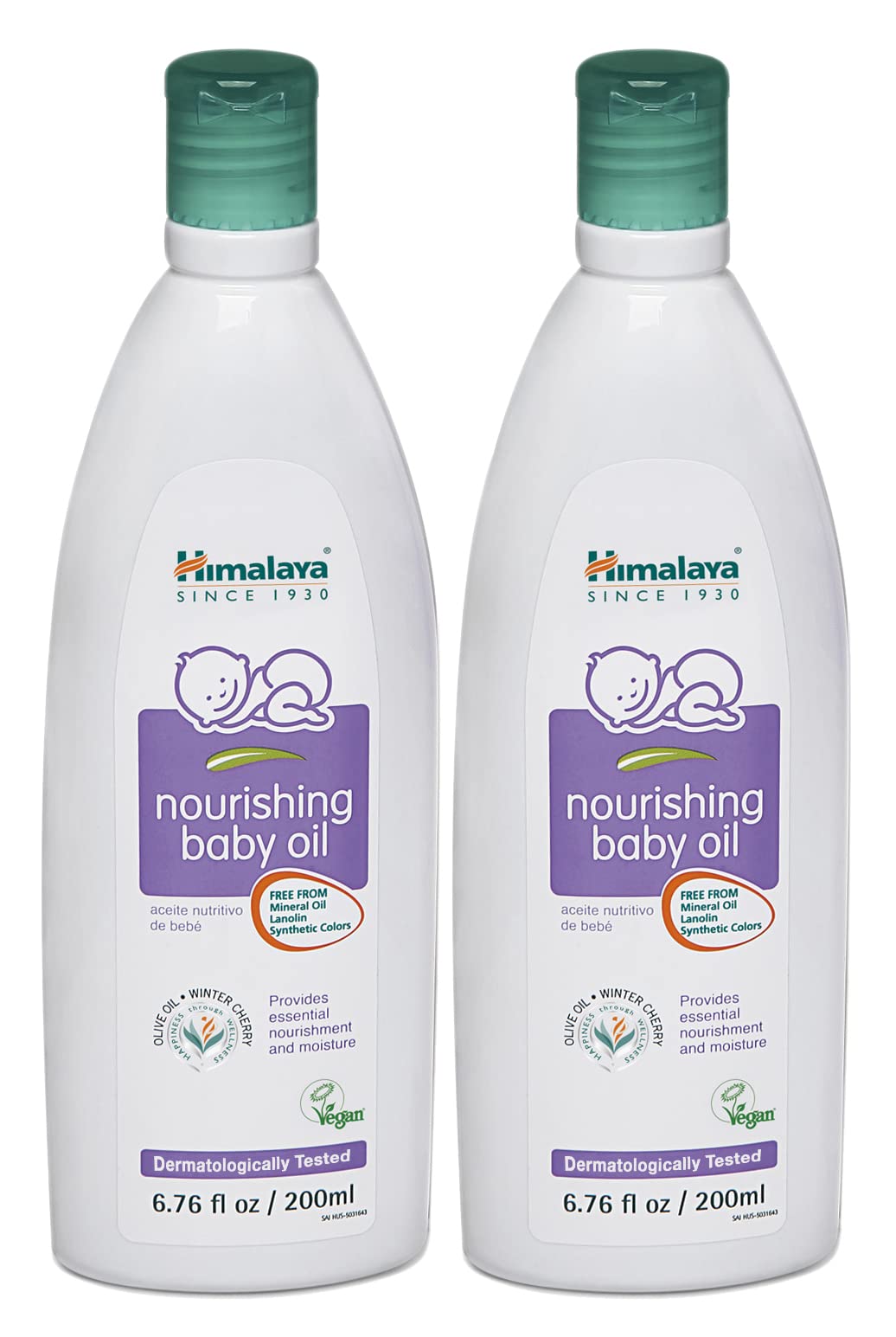 Himalaya Nourishing Baby Oil bottle shows a gentle, light formula for baby massage.