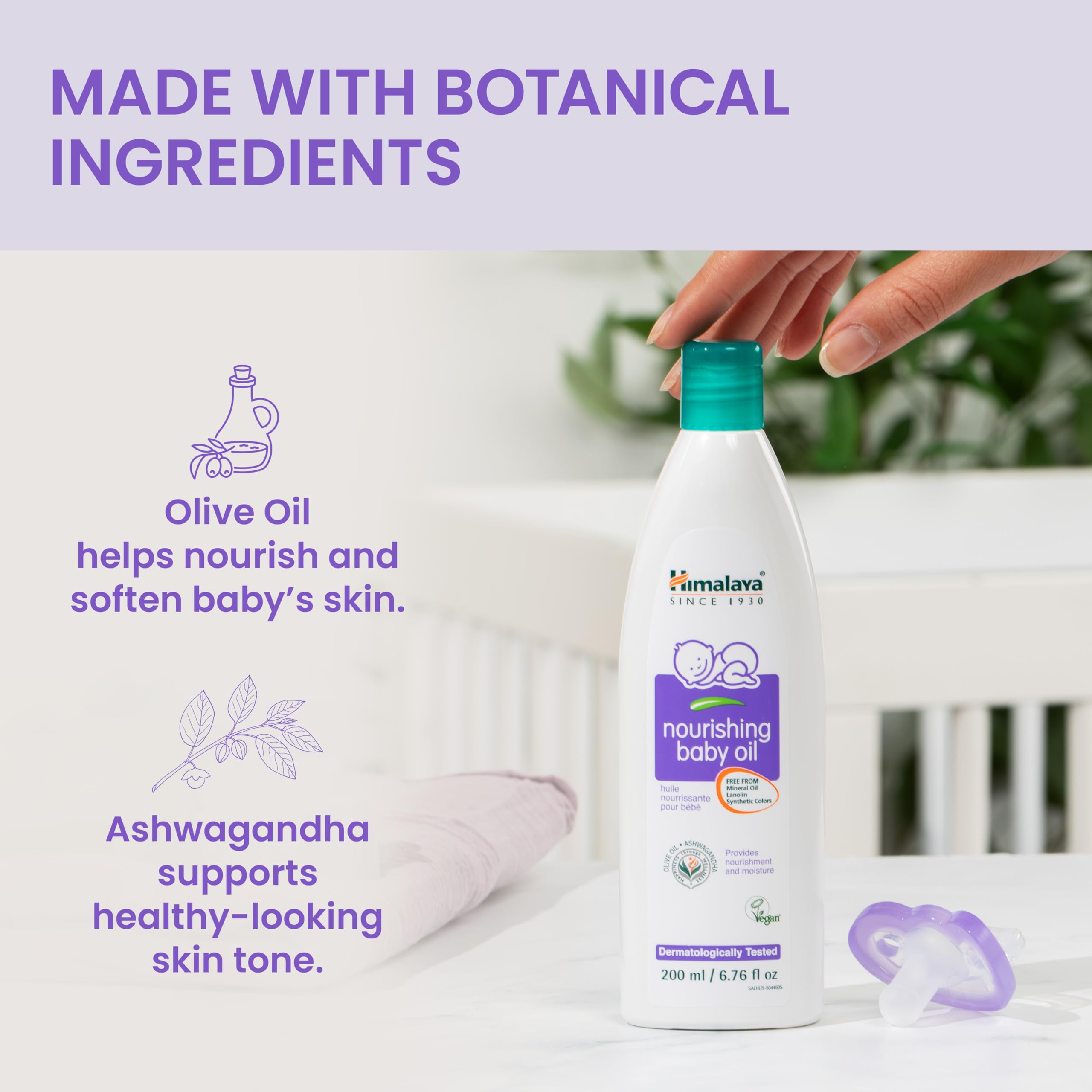 Himalaya Nourishing Baby Oil used on newborn skin for soft moisture.
