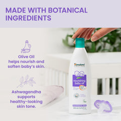 Himalaya Nourishing Baby Oil used on newborn skin for soft moisture.