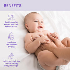 Himalaya Nourishing Baby Oil bottle highlights olive oil and vitamin E ingredients.