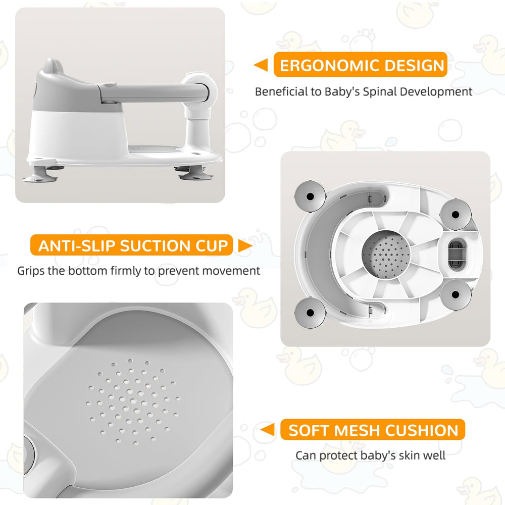 Himold bath seat shows four suction cups for stability on smooth surfaces.