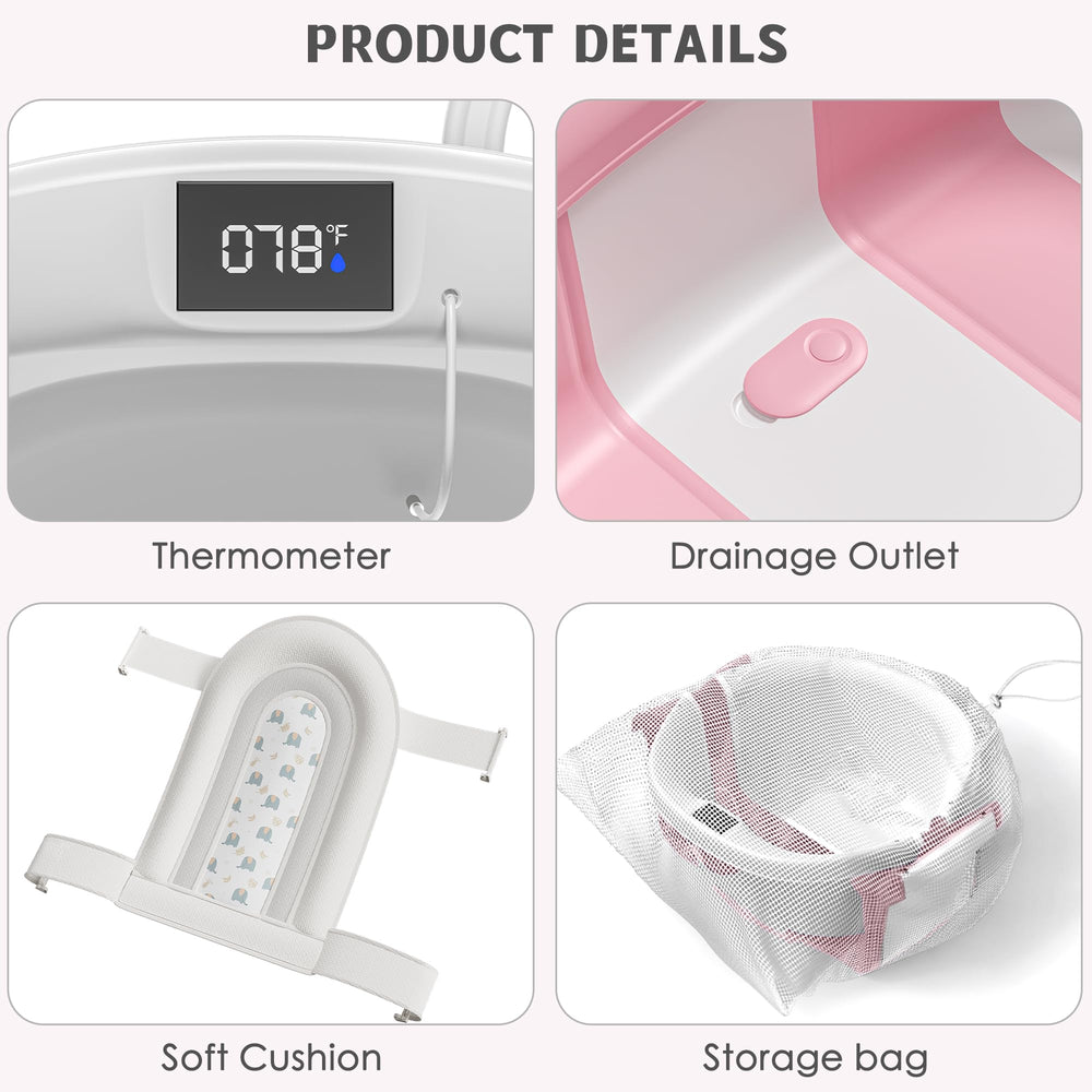Himold collapsible baby bathtub upgraded cushion supports head and neck
