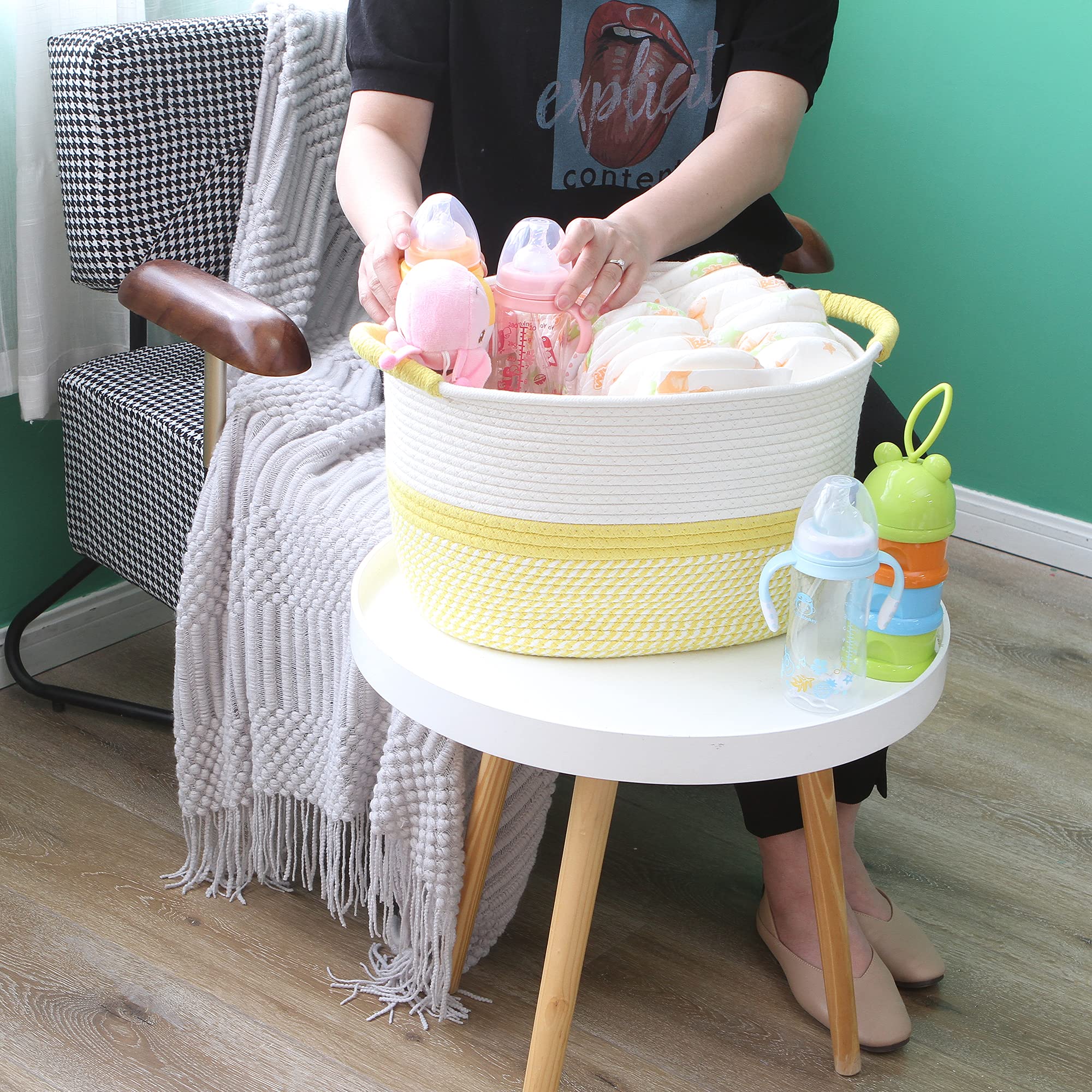 Hinwo oval cotton rope storage basket folded for compact storage and easy transport.