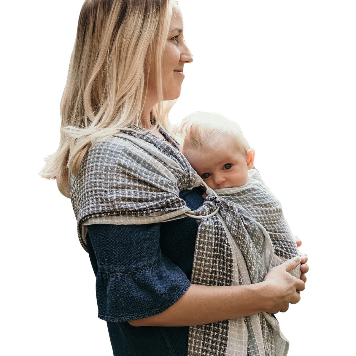 Hip Baby Wrap Moon Honeycomb front view showcasing cozy infant close to caregiver