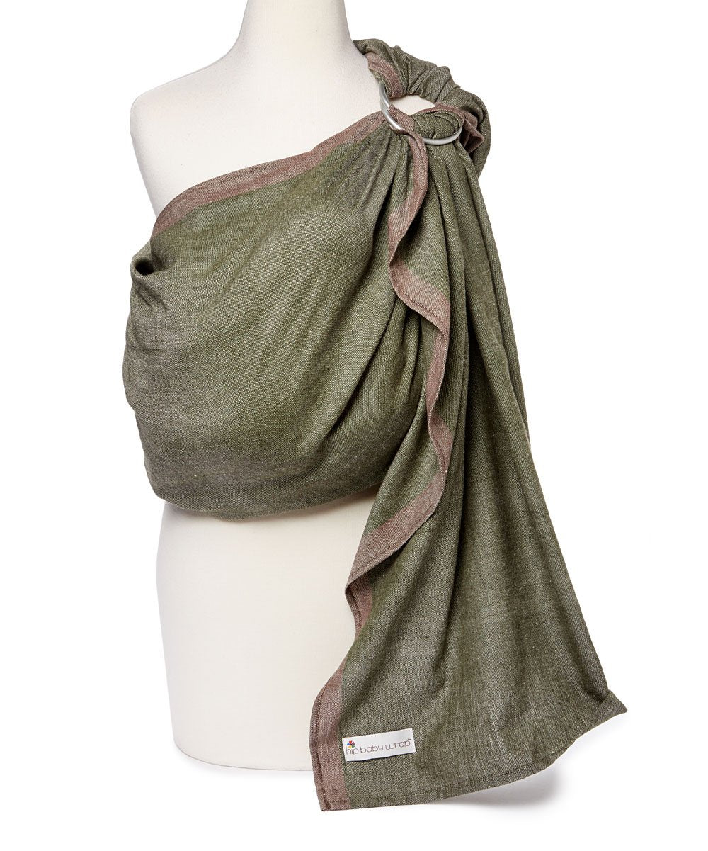 Hip Baby Wrap olive ring sling closeup shows breathable cotton for comfortable baby wearing.