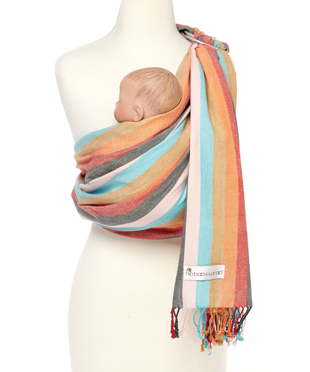 Hip Baby Wrap Sunset ring sling closeup highlights breathable cotton comfort for carrying.