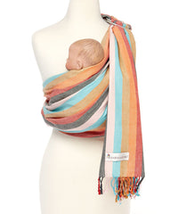 Hip Baby Wrap Sunset ring sling closeup highlights breathable cotton comfort for carrying.