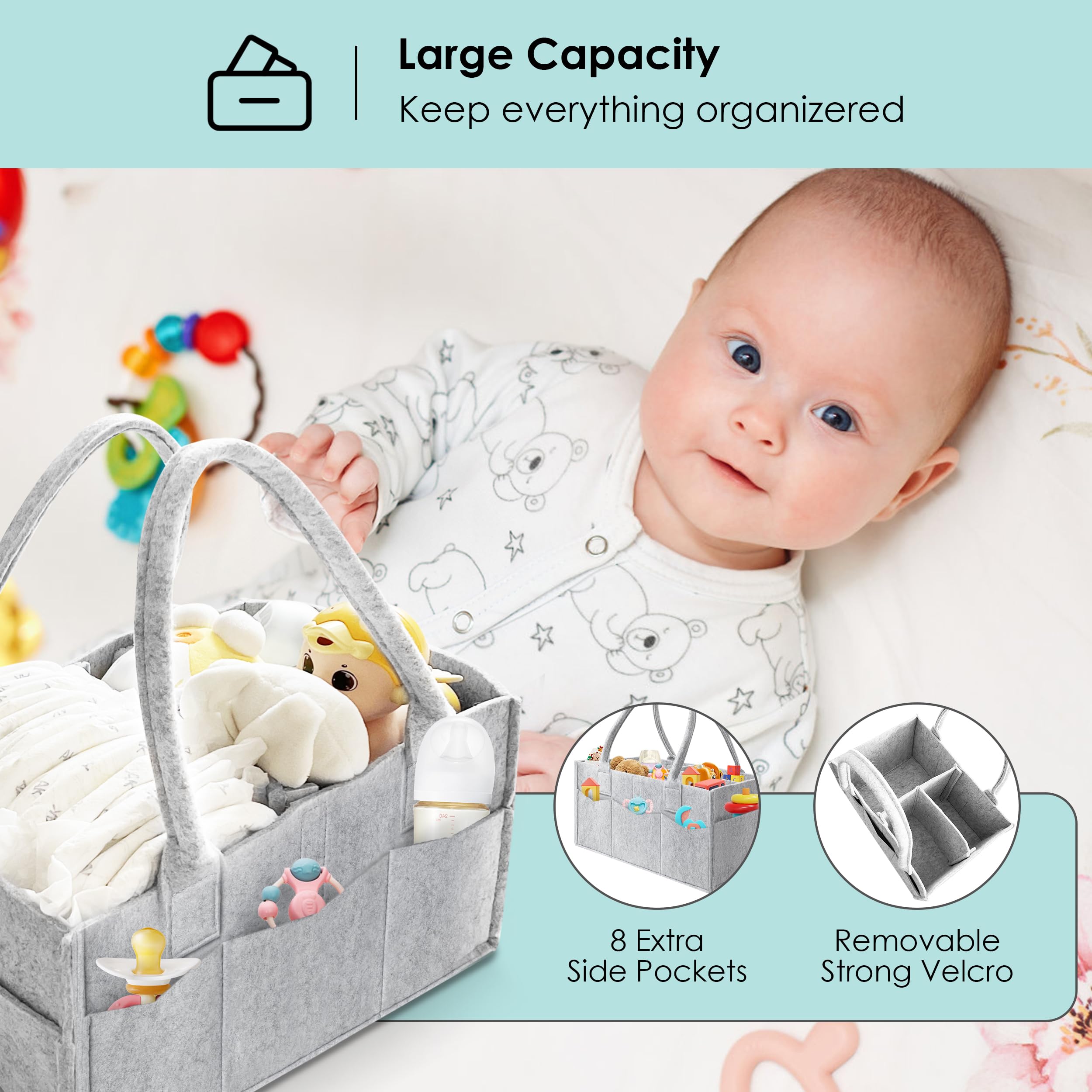 HIPHOP PANDA diaper caddy removable divider demonstrates customizable storage.