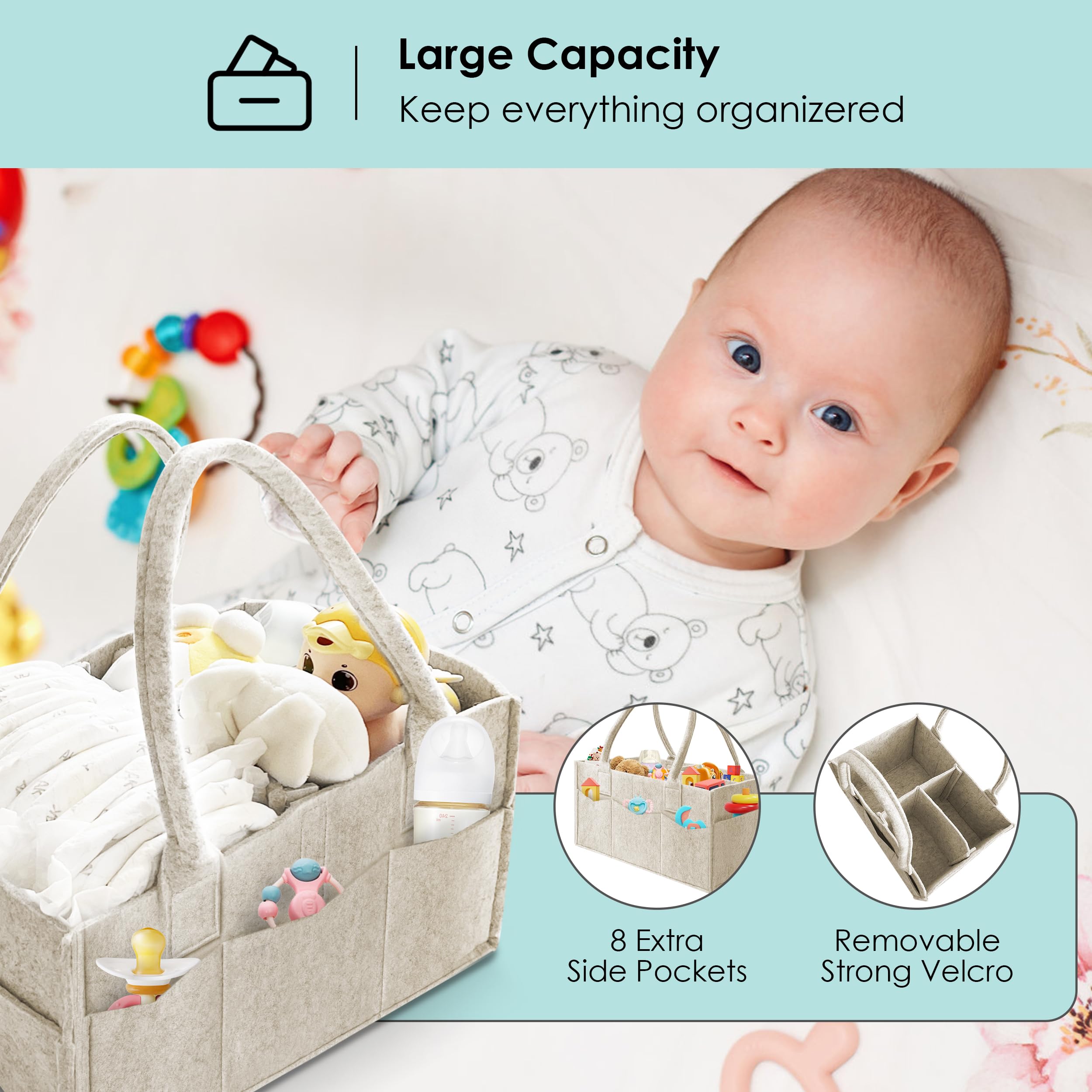 HIPHOP PANDA diaper caddy soft felt outer pockets offer durable, soft-touch storage